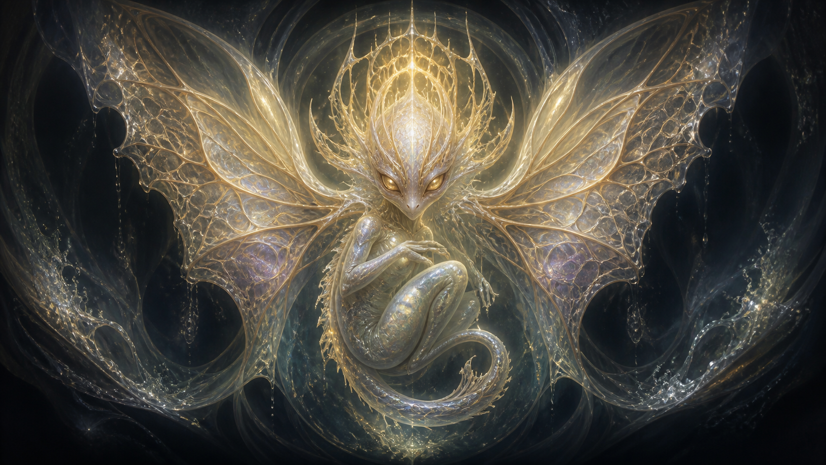 An alien, embryonic phoenix radiating frightening holy light