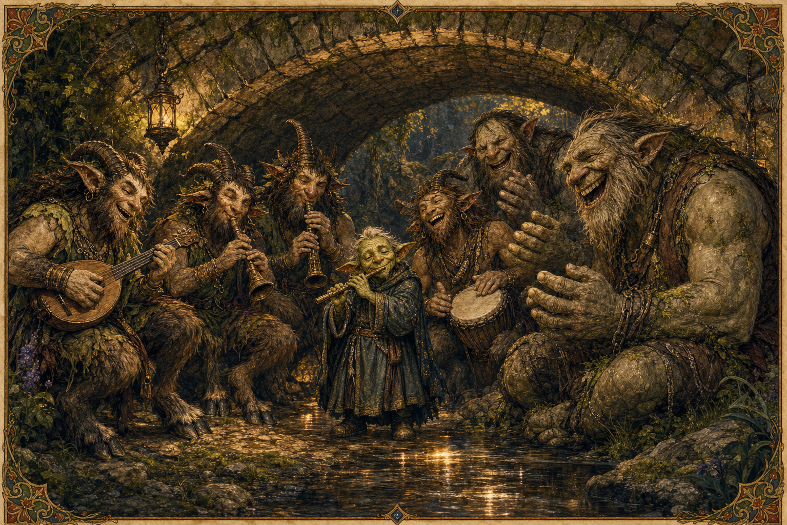 Zyx plays flute while trolls and satyr deserters dance and make music beneath a stone bridge